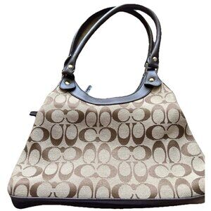 Vintage Coach Signature Brown Cream Classic Jacquard Canvas Leather Tote Bag